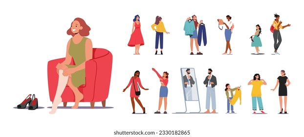 Set of Characters Men, Women and Kids Dressing, Fitting, Selecting And Wearing Clothing in Store or Home, Expressing Personal Style Fashion Choices And Preferences. Cartoon People Vector Illustration