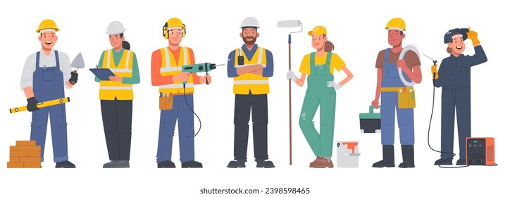 Set of characters of men and women working professions. Builders in uniform and protective vest and helmet, engineer, foreman, mason, electrician, painter and welder. Vector illustration in flat style svg