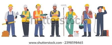 Set of characters of men and women working professions. Builders in uniform and protective vest and helmet, engineer, foreman, mason, electrician, painter and welder. Vector illustration in flat style