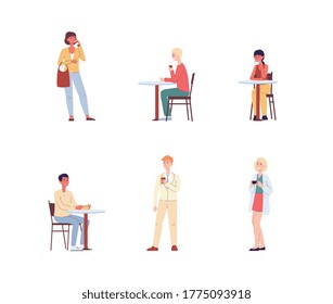 A set of characters of modern people who drink coffee standing or sitting at a table. Flat vector illustrations isolated on a white background.
