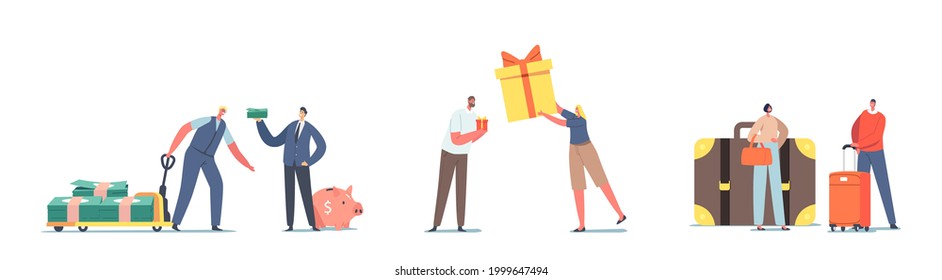 Set Of Characters With Money, Luggage And Giftbox Of Different Sizes. Men With Huge Pile Of Dollars And Piggy Bank, Woman With Small Or Big Bag , Girl With Present. Cartoon People Vector Illustration