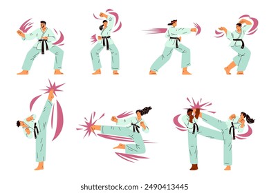 Satz von Zeichen in Bewegung beim Karate machen. Vektorillustration von Männern und Frauen in Kimonos mit schwarzen Gürteln in Karate-Posen. In: Asian Martial Arts. Isolierter Hintergrund.