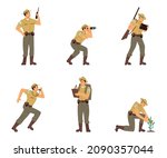 Set of characters of natural park or reserve ranger in uniform, flat vector illustration isolated on white background. Ranger keeper of park and forest resources.