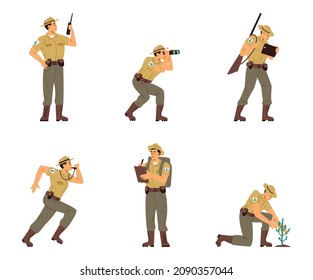 Set of characters of natural park or reserve ranger in uniform, flat vector illustration isolated on white background. Ranger keeper of park and forest resources.