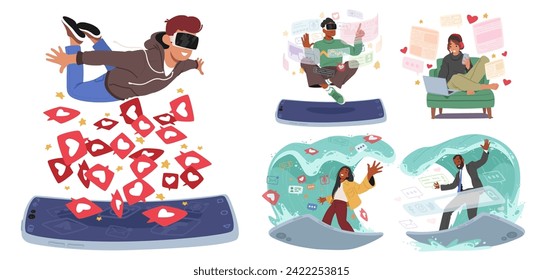 Set of Characters Navigate Digital Waves, Surfing The Internet For Information, Connection, And Entertainment, Riding The Currents Of Websites And Social Platforms. Cartoon People Vector Illustration