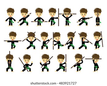 A set of characters a ninja warrior holding a stick. game assets. vector illustration. demonstration fighting stance.