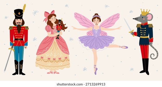 Set of characters from The Nutcracker. Nutcracker soldier, Clara girl, Sugar Plum Fairy, and Mouse King. Christmas holiday design in flat cartoon style, perfect for greeting cards, posters, stickers