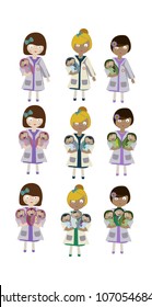 A set of characters, an obstetrician nurse holding a newborn