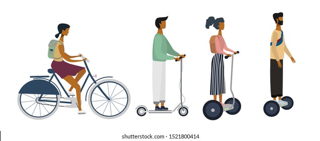 Conjunto de personajes en bicicleta, scooter, e-scooters. Concepto de transporte de City Eco. Ilustración vectorial plana para banner, web, aplicación móvil, afiche. Elementos aislados sobre fondo blanco