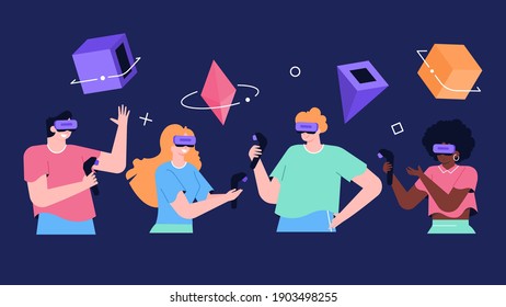 Set Of Characters On Black Background In VR Glasses With Controllers In Their Hands. Cyberspace, Games, Virtual Reality Training. Vector Flat Illustration.