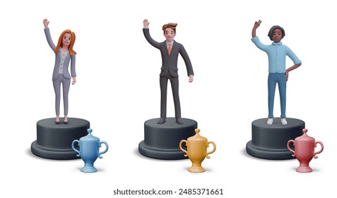 Set of characters on podiums with trophy cups. Employees with awards