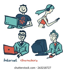 Set of characters on the theme of Internet technology and devices in the style sketch