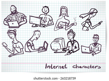 Set of characters on the theme of Internet technology and devices in the style b/w sketch