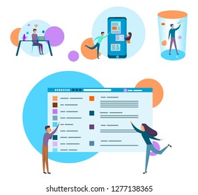 
A set of characters on the topic of business, virtual reality, computer work, news search, a mobile phone application, social networks. Office concept people vector illustration flat design