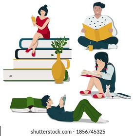 A set of characters on a white background, Students, people, children read books, sitting and lying next to a stack of giant books. Cartoon vector illustration. The concept of a bookstore, education.