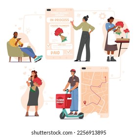 Set Characters Order Flowers In Internet. Woman Use Online App For Buying Bouquet In Flower Company. Courier on Scooter, Saleswoman with Bouquet. Cartoon People Vector Illustration