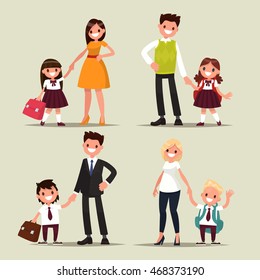 Set of characters. Parents and children are students together. Back to school. Vector illustration of a flat design