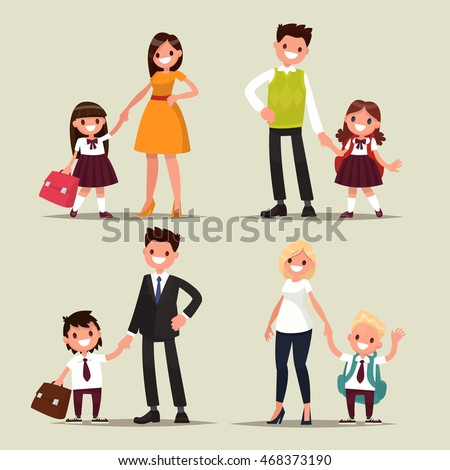 Set of characters. Parents and children are students together. Back to school. Vector illustration of a flat design