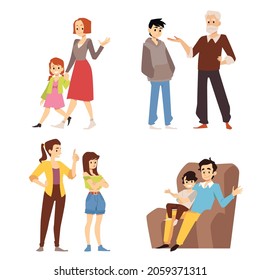 Establece caracteres de padres y niños que hablan entre sí en diferentes situaciones de vida. Feliz en familia o conflictos entre madre e hija, padre hijo. Ilustraciones vectoriales