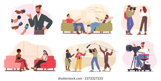 Set of Characters Participate in Captivating Tv Show. Anchorpersons, Journalists, Guests Communicate in Vibrant Studio Settings, Create Programs to Viewers. Cartoon People Vector Illustration