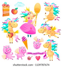 Set of characters Pegasus, Pony, Horse, Princess, Fairy, Piglets, Fruits, Apple, Ice Cream, Cake, Dessert, Cloud. Use for your design. Colorful hand drawn vector stock illustration.