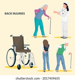 A set of characters, people with a back injury and a doctor