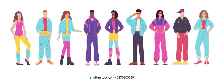 Conjunto de caracteres. Gente vestida al estilo de los años 90. Neón, nostalgia, estilo callejero, tendencia. Ilustración vectorial plana