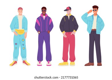 Set Of Characters. People In Clothes In The Style Of The 90s. Neon, Nostalgia, Street Style, Trend. Flat Vector Illustration