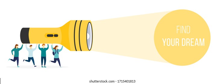 Set of characters people with a flashlight. Goal Achievement Website Landing Page, Business Man Holding Huge Flashlight Lighting Up Aim, Uncovering Hidden Target. Vector illustration, EPS 10.