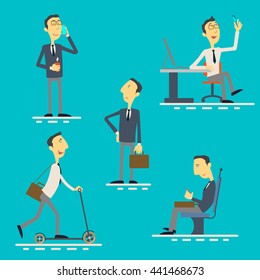 A set of characters. People gathered to work. An employee proposes the idea. Coffee break. He goes on a scooter. Rides on the train or subway.