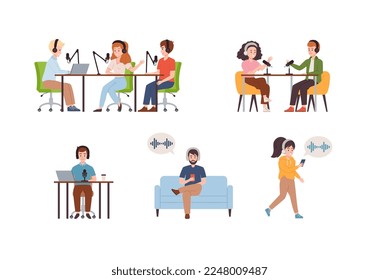 Set of characters of people recording and listening online audio podcast with headphones on smartphone, flat vector illustration isolated on white background.