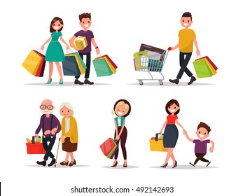 Set Of Characters And People Shopping. Vector Illustration Of A Flat Design