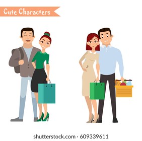 Set of characters and people shopping. Vector illustration of a flat design. Happy family shopping