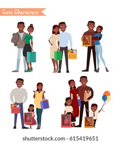 Set of characters and people shopping. Vector illustration of a flat design. Happy family shopping