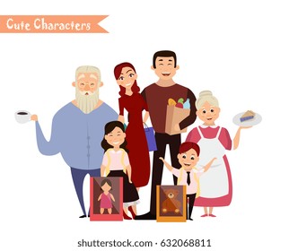 Set of characters and people shopping. Vector illustration of a flat design. Happy family shopping. Big happy family portrait.  Grandparents' Day!