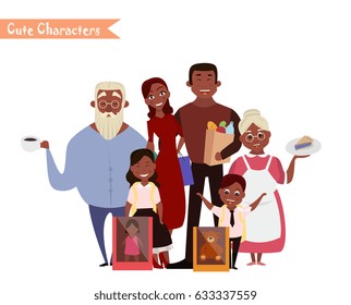 Set of characters and people shopping. Vector illustration of a flat design. Happy family shopping