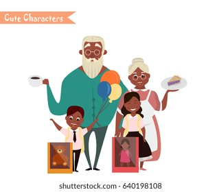 Set of characters and people shopping. Vector illustration of a flat design. Happy family shopping