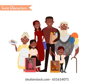 Set of characters and people shopping. Vector illustration of a flat design. Happy family shopping
