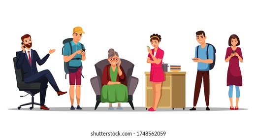 Set of characters people using mobile phones. Happy man and woman texting, talking, reading, watching video on smartphone. Mobile internet, social media, modern communication technology vector concept