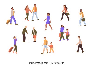 Set characters people walk down the street. A young man briefcase,  suitcase, woman talking  phone,  couple, old people, father with boy and mother with daughter. Flat cartoon vector illustration.