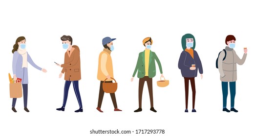 Set characters people wearing medical face masks protect themselves from COVID-19 coronavirus outbreak spreading and industrial smog dust toxic air pollution. Vector illustration isolated