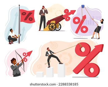 Set of Characters with Percent Signs Symbolize Interest Rate Hike. Increase In Borrowing Cost By Central Banks Or Lenders To Slow Inflation And Control Economic Growth. Cartoon Vector Illustration