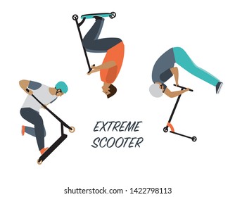 Set of characters performing tricks on scooters.