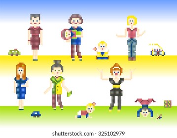 Set of characters pixel people Mothers and cute Babies. Different women and children with their toys, isolated on light background for games or cross-stitch hand made