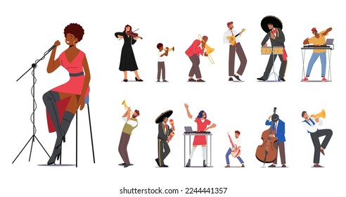 Juego de caracteres Reproducir música. Adultos y niños con instrumentos musicales violín, balalaika, tambores y trompeta, Maracas, doble trasero, Dj , cantante con micrófono. Ilustración de vectores de personas de caricatura