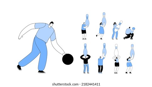 Set Characters Playing Bowling, Man Throw Ball on Alley, Tiny People Holding Huge Pins. Leisure, Active Lifestyle, Friends Spend Time Together on Weekend, Sparetime. Cartoon People Vector Illustration