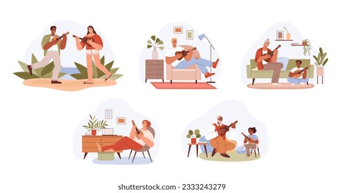 Set of characters playing or learning to play ukulele, flat vector illustration isolated on white background. Playing ukulele small Hawaiian guitar, bundle of personages.