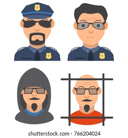 Set of characters police officer and thieves. The young man in a police uniform with a peak-cap a beard and in sunglasses. The criminal in a hood and behind bars. In flat style a vector.
