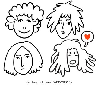 set of characters portrait in doodle style in vector. line art for avatar design sticker coloring postcard poster print