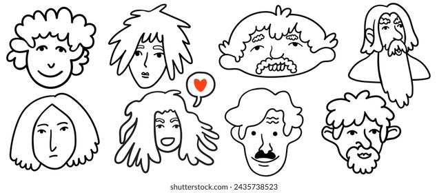 set of characters portrait in doodle style in vector. line art for avatar design sticker coloring postcard poster print